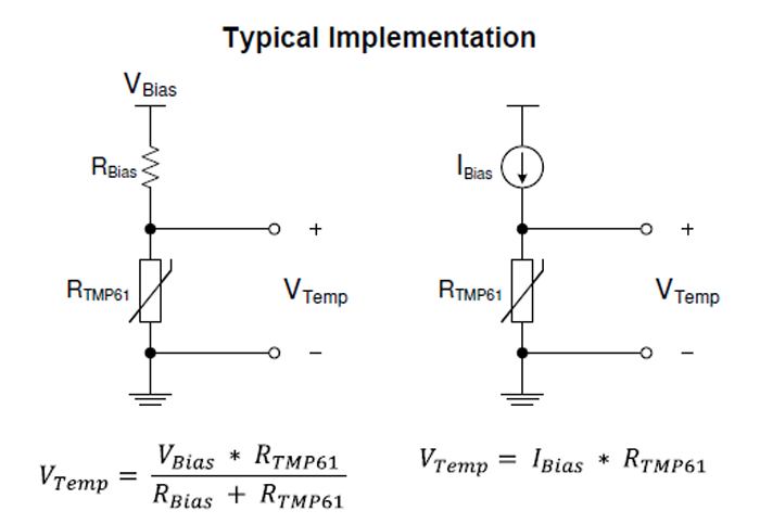 2.作為電阻組件，可以使用電壓源（左）或電流源（右）來驅(qū)動熱敏電阻。實際上，大多數(shù)電壓驅(qū)動電路使用比例布置來消除源漂移的影響